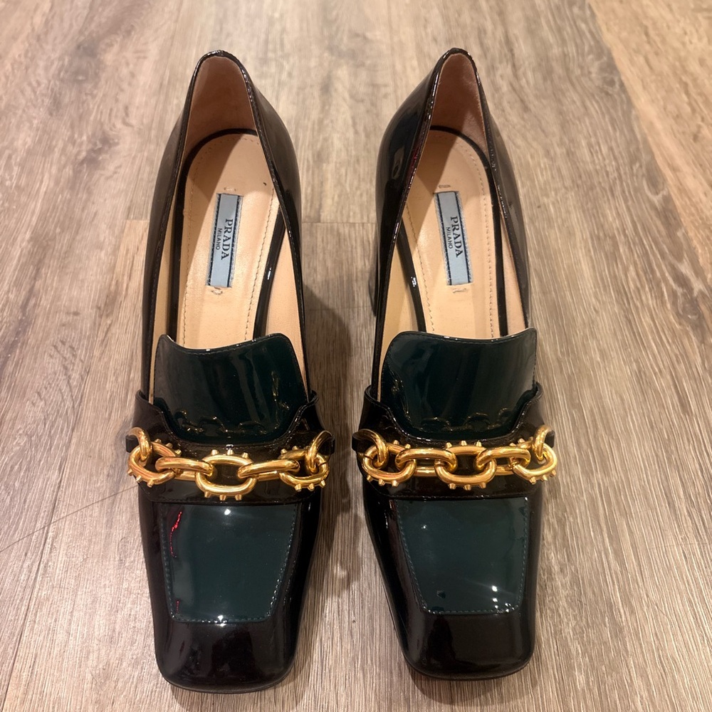 Prada Women's Black Patent Leather Chain Loafer Heels with dust bag